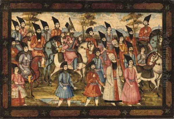 The Young Shah Seated On A White Horse With Courtiers And Qajar Noblemen On Horseback And On Foot Oil Painting by Nasir Al-Din Shah