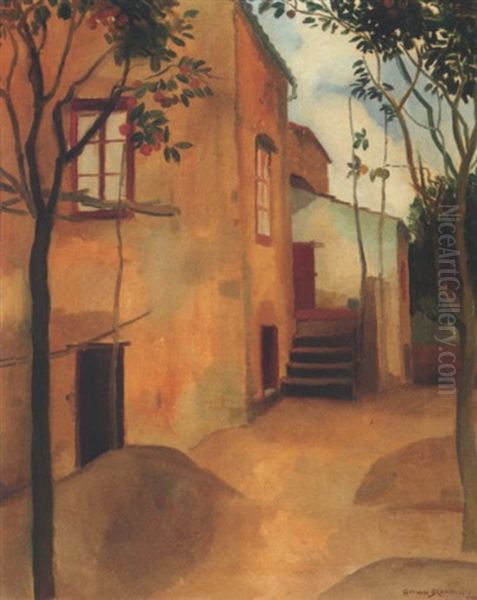 Houses With Orange Trees Oil Painting by Gerrit Willem Van Blaaderen