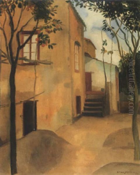 Houses With Orange Trees Oil Painting by Gerrit Willem Van Blaaderen