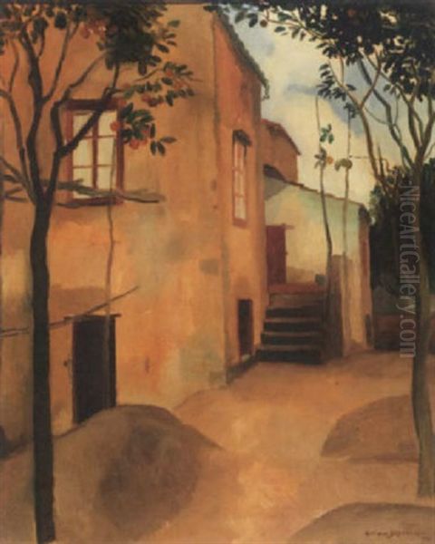 Houses With Orange Trees Oil Painting by Gerrit Willem Van Blaaderen