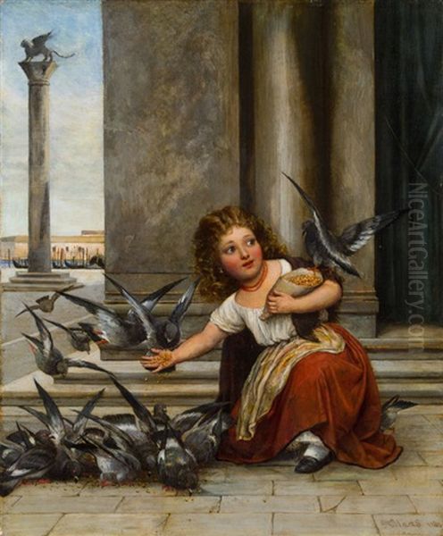 Madchen Beim Taubenfuttern Am Markusplatz (?) Oil Painting by Eugen von Blaas