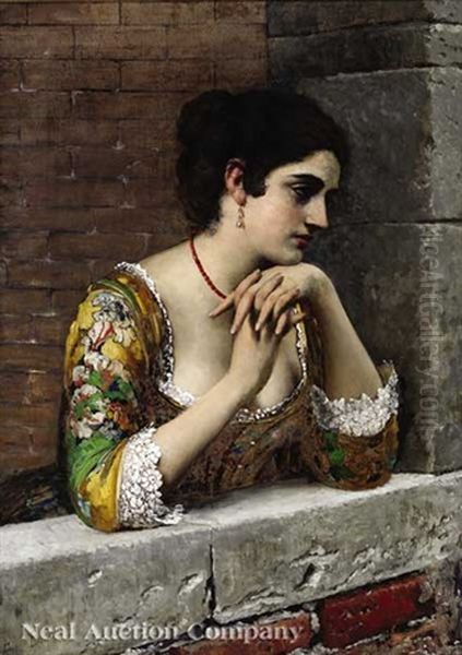 Venetian Beauty On A Balcony Oil Painting by Eugen von Blaas