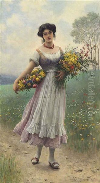 A Maiden Gathering Flowers Oil Painting by Eugen von Blaas