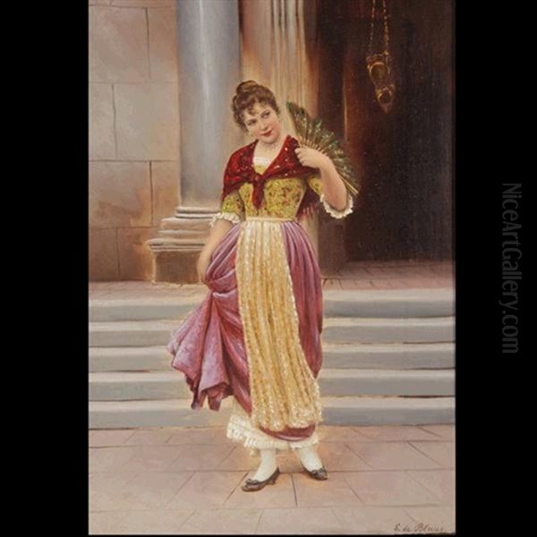 Venetian Beauty Holding A Fan Oil Painting by Eugen von Blaas