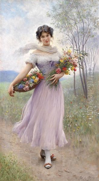 Madchen In Fliederfarbenem Kleid Mit Blumenstraus Und Blumenkorb Oil Painting by Eugen von Blaas