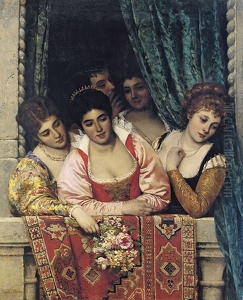 Venetian Ladies On A Balcony Oil Painting by Eugen von Blaas