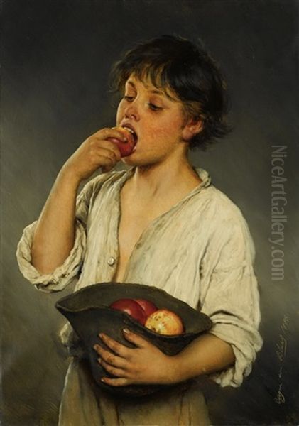 Knabe Apfel Essend Oil Painting by Eugen von Blaas