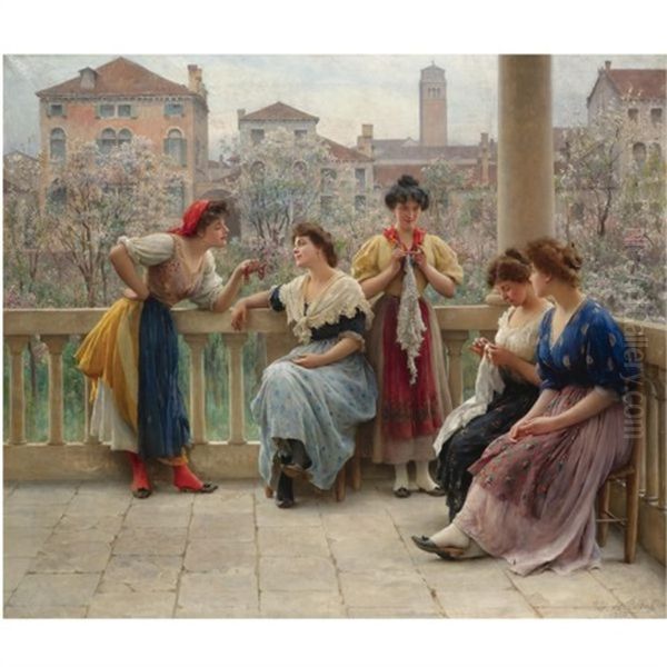 Conversation On The Terrace, Venice Oil Painting by Eugen von Blaas