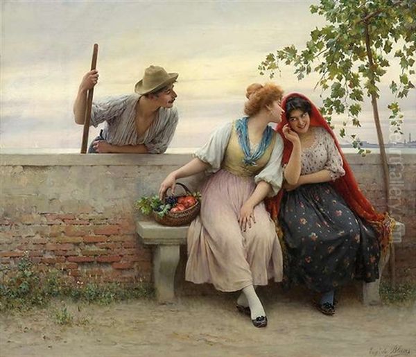 Venezianische Plauderei. Ein Gondoliere Belauscht Das Gesprach Zweier Frauen Auf Einer Terrasse In Der Lagune Von Venedig Oil Painting by Eugen von Blaas