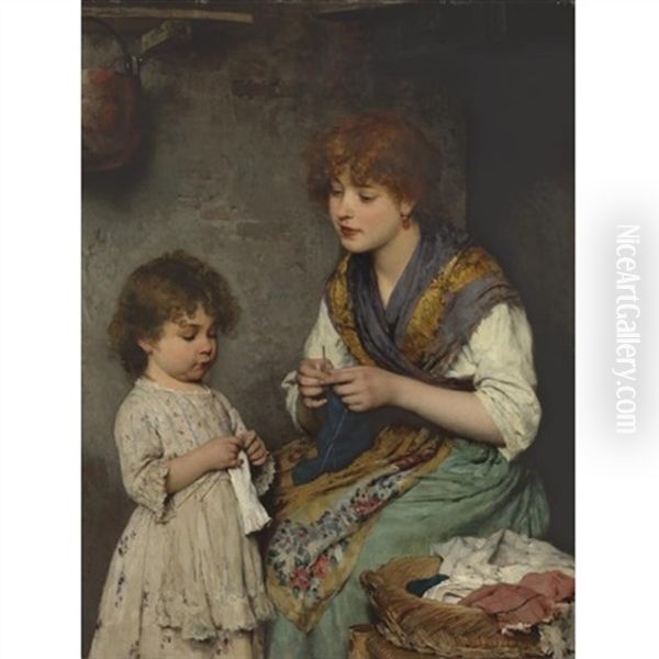 The Knitting Lesson Oil Painting by Eugen von Blaas