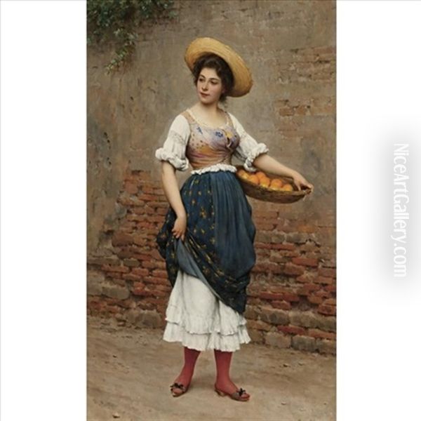 Young Woman With Basket Of Oranges And Lemons Oil Painting by Eugen von Blaas