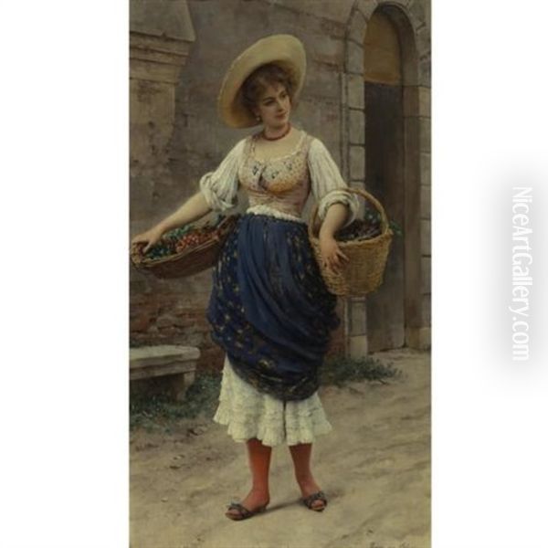 Young Beauty With Fruit Basket Oil Painting by Eugen von Blaas