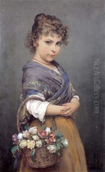 Bildnis Eines Jungen Italienischen Madchens Mit Lockigem Haar, Das Einen Mit Bunten Rosen Gefullten Korb Am Arm Tragt Oil Painting by Eugen von Blaas