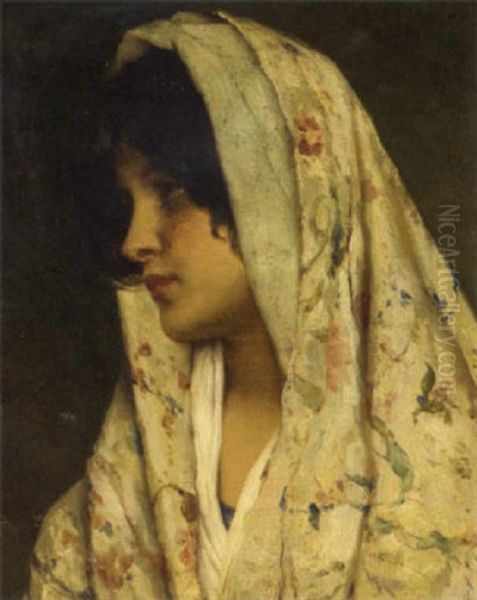 A Young Beauty With A Flowered Shawl Oil Painting by Eugen von Blaas