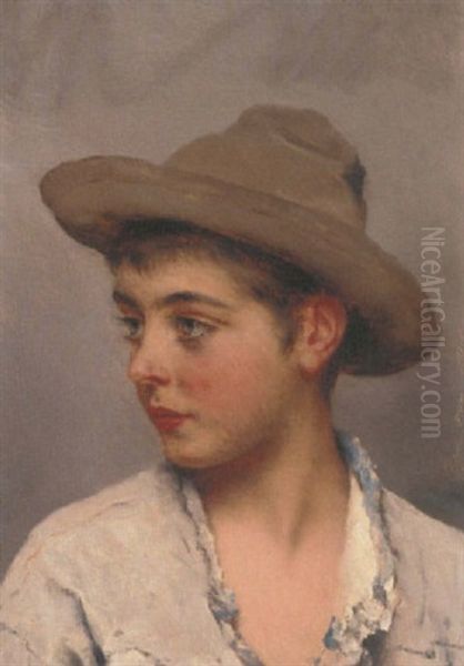 A Young Boy Wearing A Stetson Oil Painting by Eugen von Blaas