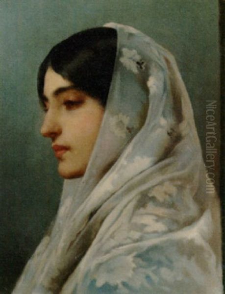 An Elegant Lady In A Chiffon Shawl Oil Painting by Eugen von Blaas