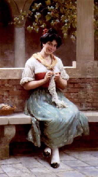 An Alluring Seamstress Oil Painting by Eugen von Blaas