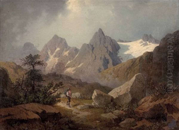 Wanderer In Tiroler Hochalpiner Landschaft Oil Painting by Florian Blaas