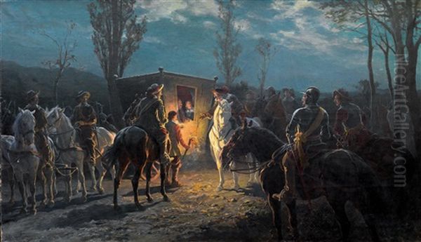 Night-time Scene. Riders Holding Up An Elegant Carriage Oil Painting by Julius von Blaas