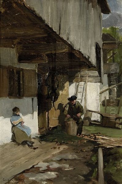 Bauer Und Bauerin Vor Dem Bauernhaus Sitzend Oil Painting by Julius von Blaas