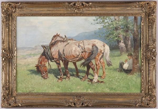 Bauer Mit Pferden Bei Der Rast Oil Painting by Julius von Blaas