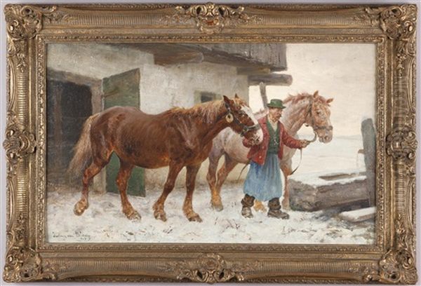 Bauer Mit Pferden Bei Der Tranke Im Winter Oil Painting by Julius von Blaas