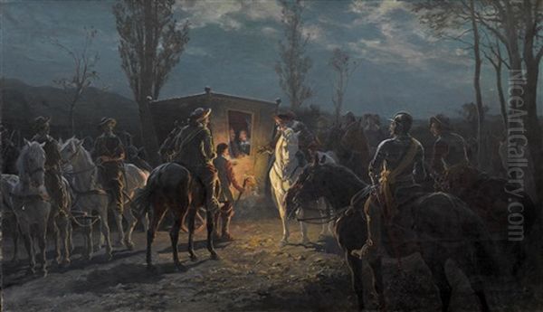 Nachtszene. Berittene Halten Eine Vornehme Kutsche Auf Oil Painting by Julius von Blaas