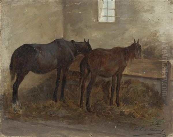 Zwei Pferde An Der Stallkrippe Oil Painting by Julius von Blaas