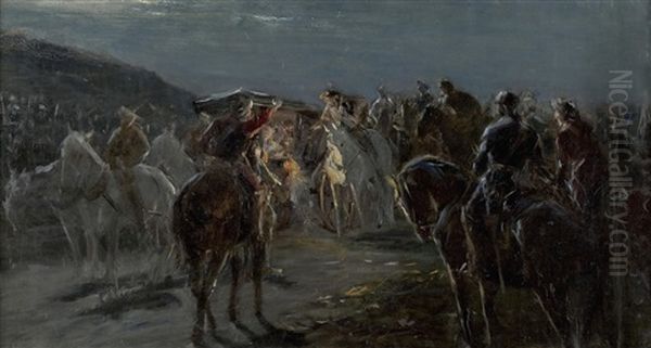 Berittene Halten In Der Nacht Eine Vornehme Kutsche An Oil Painting by Julius von Blaas