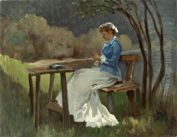 Sitzende Dame Mit Handarbeit Unter Baum Am See Oil Painting by Julius von Blaas