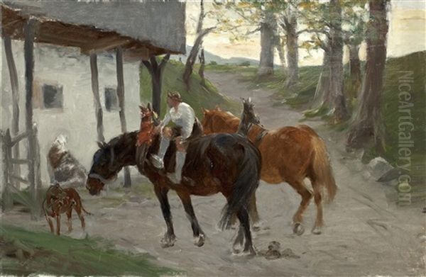 Reitender Bauer Vor Gehoft Oil Painting by Julius von Blaas