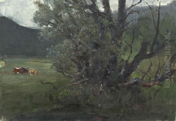 Groser Baum In Wiese Mit Kuhen Oil Painting by Julius von Blaas