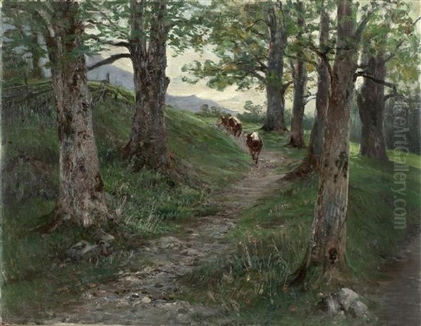 Waldlandschaft Mit Kuhen Oil Painting by Julius von Blaas