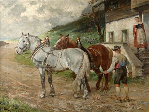 Before Going To The Field Oil Painting by Julius von Blaas