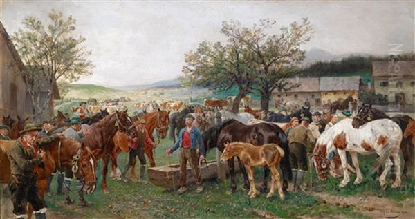 Ein Steiermarkischer Pferdemarkt Oil Painting by Julius von Blaas