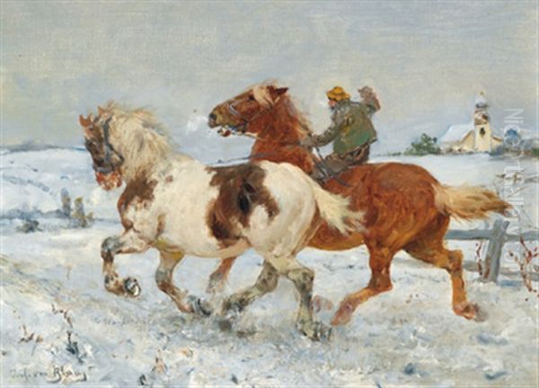 Bauer Mit Zwei Pferden Im Winter Oil Painting by Julius von Blaas