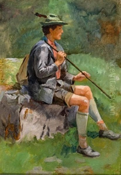 Sitzender Junger Wanderer Mit Stock Oil Painting by Julius von Blaas