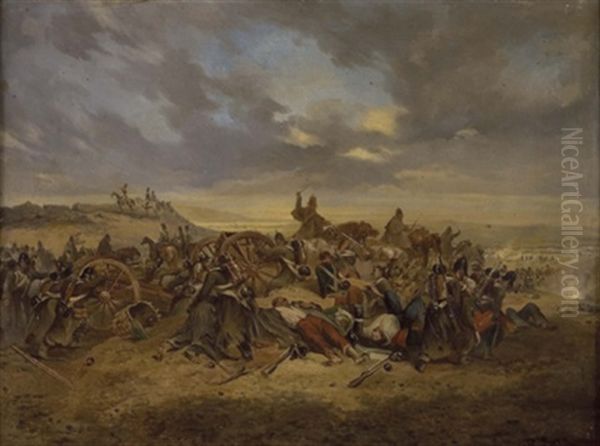 Ruckzug Aus Einer Schlacht Zwischen Preusischen Und Franzosischen Truppen Oil Painting by Julius von Blaas