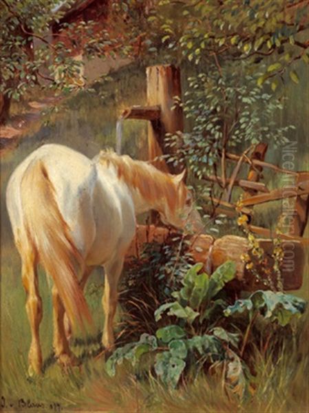 Landliche Idylle Mit Einem Pferd An Der Tranke Oil Painting by Julius von Blaas