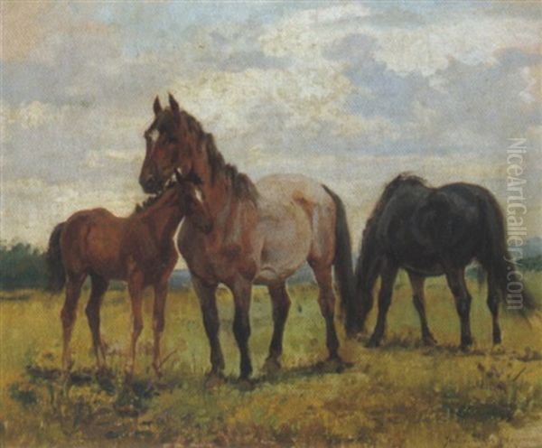 Pferde Auf Der Koppel Oil Painting by Julius von Blaas