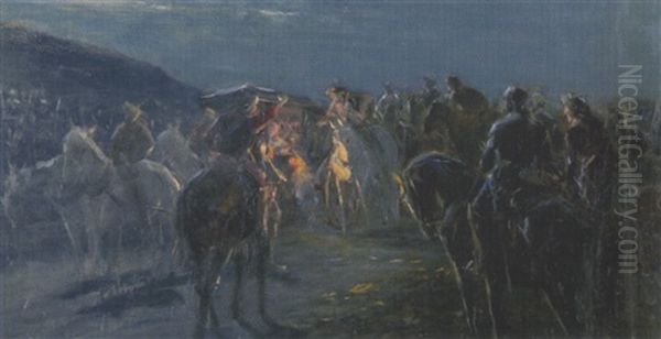 Berittene Halten In Der Nacht Eine Vornehme Kutsche An Oil Painting by Julius von Blaas