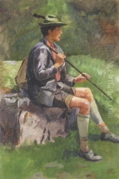 Sitzender Mops Junger Wanderer Mit Stock Oil Painting by Julius von Blaas