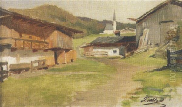 Kirche Und Hauser Von Nauders In Tirol Oil Painting by Julius von Blaas