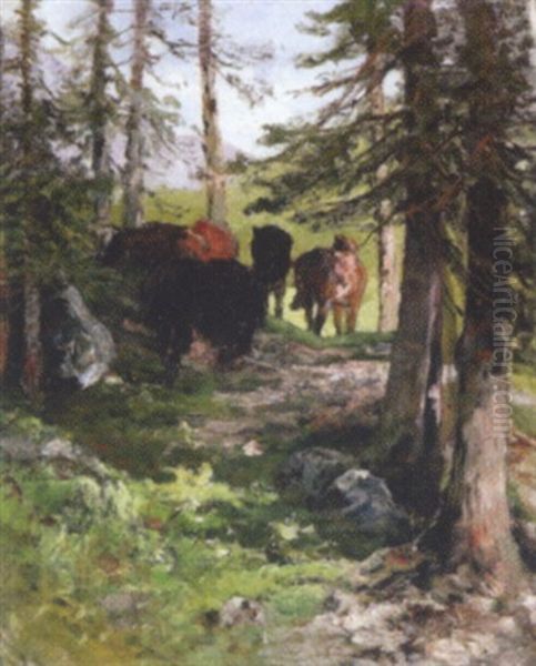 Pferde Am Sommerlichen Wald Oil Painting by Julius von Blaas