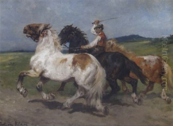 Reiter Mit Zwei Handpferden Oil Painting by Julius von Blaas