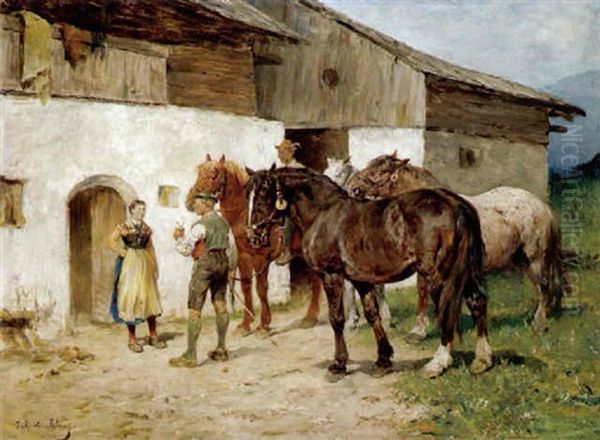 Plauderei Am Heimweg Oil Painting by Julius von Blaas