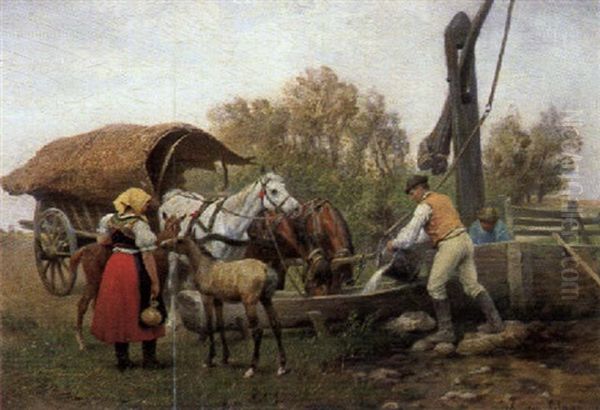 Ungarische Bauern Am Ziehbrunnen Beim Tranken Der Pferde Oil Painting by Julius von Blaas