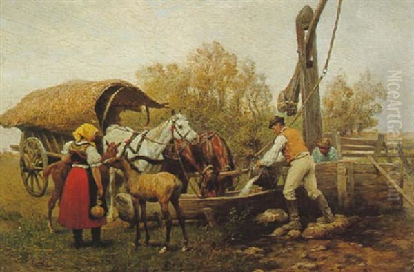 Pferdefuhrwerk Am Ziehbrunnen Oil Painting by Julius von Blaas