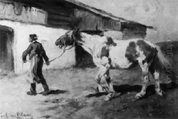 Bauer Mit Seinem Pferd Vor Dem Stallgebaude Oil Painting by Julius von Blaas