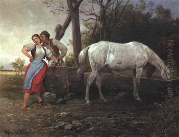 Liebespaar Am Brunnen Oil Painting by Julius von Blaas